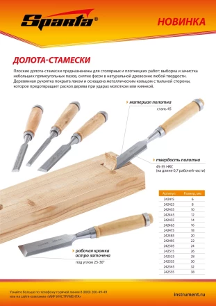 Долото-стамеска 24 мм, деревянная рукоятка Sparta 242505 купить в Когалыме