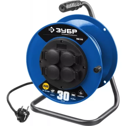 Удлинитель на катушке &quot;ПВС 315&quot;, 30 м, 3500 Вт, 4 гнезда, IP44, ПВС 3х1,5 кв мм, ЗУБР 55081-30 купить в Когалыме
