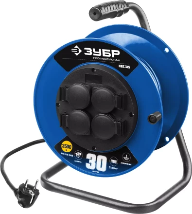 Удлинитель на катушке &quot;ПВС 315&quot;, 30 м, 3500 Вт, 4 гнезда, IP44, ПВС 3х1,5 кв мм, ЗУБР 55081-30 купить в Когалыме