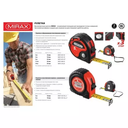 Рулетка MIRAX, 3 стопора, двухкомпонентный пластиковый корпус, 10мх25мм 34013-10-25 купить в Когалыме