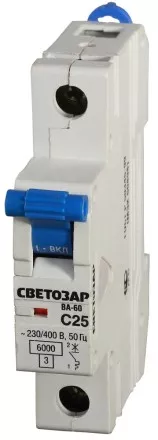 Выключатель автоматический СВЕТОЗАР 1-полюсный, 25 A, &quot;C&quot;, откл. сп. 6 кА, 230 / 400 В SV-49061-25-C купить в Когалыме