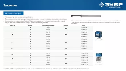 ЗУБР 4.8 x 16 мм, 500 шт, нержавеющие заклепки, Профессионал (31316-48-16) купить в Когалыме
