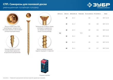 ЗУБР СПП, 60 х 3.2 мм, TX10, цинк, 100 шт, саморез для половой доски и паркета, Профессионал (30071-32-60) купить в Когалыме