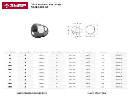 Гайка ЗУБР "МАСТЕР" колпачковая DIN 1587, оцинкованная,  M10, 5кг 303680-10 купить в Когалыме