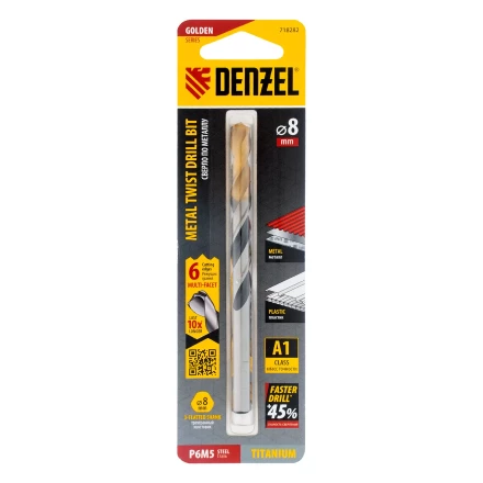 Сверло спиральное по металлу Denzel 8 x 117мм, Р6М5, Golden Tip, многогранная заточка, 718282 купить в Когалыме