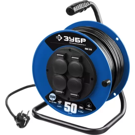 Удлинитель на катушке &quot;ПВС 315&quot;, 50 м, 3500 Вт, 4 гнезда, IP44, ПВС 3х1,5 кв мм, ЗУБР 55081-50 купить в Когалыме