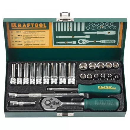Набор торцовых головок KRAFTOOL "INDUSTRIE QUALITAT" (1/4") универсальный, Cr-V, металлический кейс, 24 предмета 27890-H24_z01 купить в Когалыме
