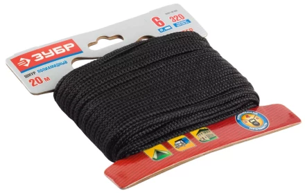 Шнур ЗУБР полиамидный, плетеный, повышенной нагрузки, без сердечника, черный, d 6, 20м 50321-06-020 купить в Когалыме