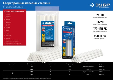 ЗУБР 11 х 200 мм, 12 шт, сверхпрочные прозрачные клеевые стержни, Профессионал (06856-12) купить в Когалыме