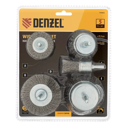Набор щеток для дрели Denzel, 2 Плоские 50-75мм, 3 Чашки 25-50-75мм, шпилька,  нерж.вит. проволока 74493 купить в Когалыме