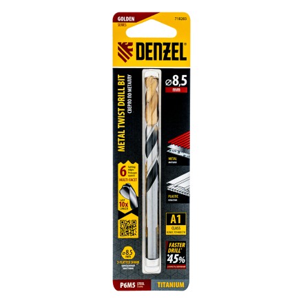 Сверло спиральное по металлу Denzel, 8,5 x 117мм, Р6М5, Golden Tip, многогранная заточка, 718283 купить в Когалыме