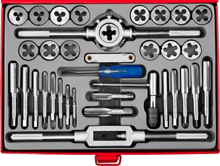 Набор ЗУБР "ЭКСПЕРТ" с металлореж. инструментом, метчики однопроходные и плашки М3-М12, оснастка-в метал. боксе, 35пред. 28117-H35 купить в Когалыме