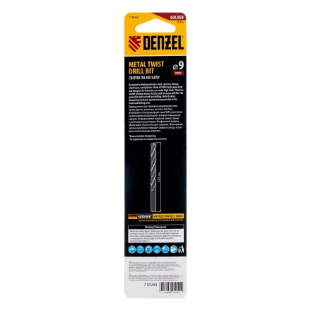 Сверло спиральное по металлу Denzel 9 x 125мм, Р6М5, Golden Tip, многогранная заточка, 718284 купить в Когалыме