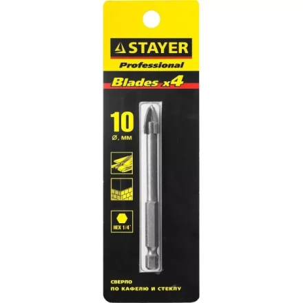Сверло по кафелю, керамике, стеклу, с четырьмя режущими лезвиями, шестигранный хвостовик, 10 мм, STAYER &quot;PROFESSIONAL&quot; 2985-10 2985-10_z01 купить в Когалыме