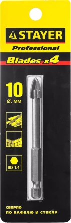 Сверло по кафелю, керамике, стеклу, с четырьмя режущими лезвиями, шестигранный хвостовик, 10 мм, STAYER &quot;PROFESSIONAL&quot; 2985-10 2985-10_z01 купить в Когалыме