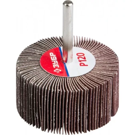 Круг шлифовальный ЗУБР "МАСТЕР" веерный лепестковый, на шпильке, тип КЛО, зерно-электрокорунд нормальный, P120, 30х60мм 36602-120 купить в Когалыме