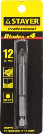 Сверло по кафелю, керамике, стеклу, с четырьмя режущими лезвиями, шестигранный хвостовик, 12 мм, STAYER "PROFESSIONAL" 2985-12 2985-12_z01 купить в Когалыме