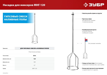 ЗУБР М14, d120 мм, насадка-миксер для гипсовых смесей и наливных полов (МНГ-120) купить в Когалыме