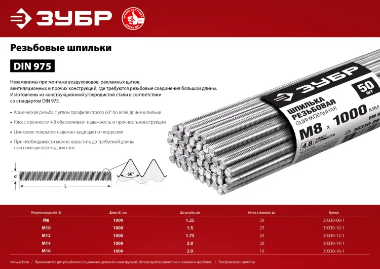 ЗУБР DIN 975, кл. пр. 4.8, М10 х 1000 мм, цинк, 25 шт, резьбовая шпилька (30330-10-1) купить в Когалыме
