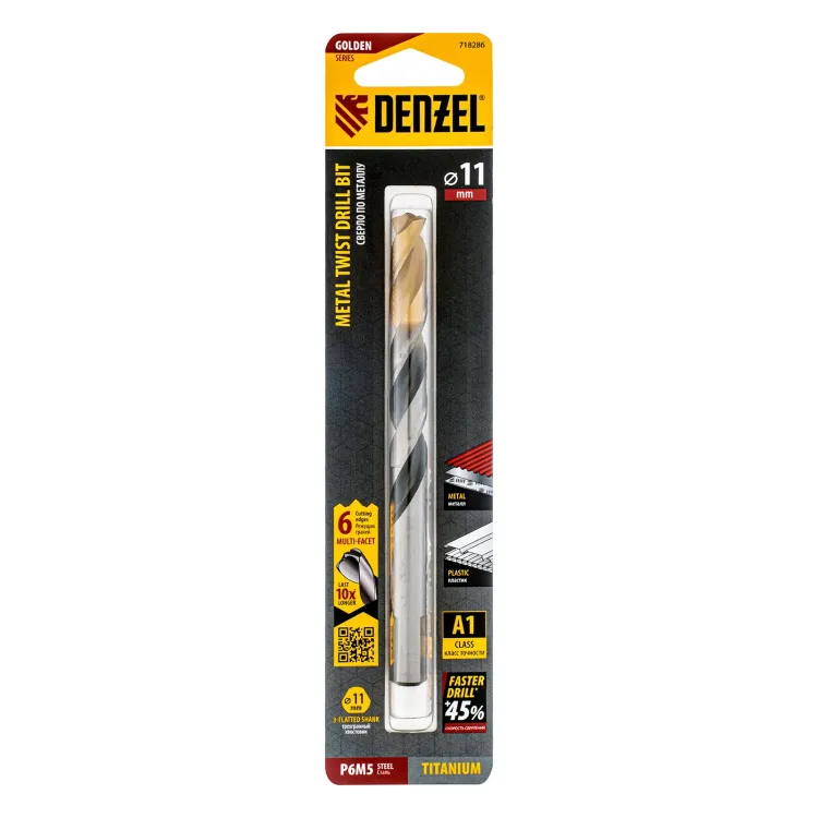 Сверло спиральное по металлу Denzel, 11 x 142мм, Р6М5, Golden Tip, многогранная заточка, 718286 купить в Когалыме