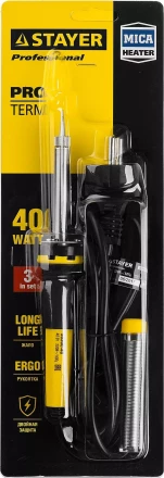 Паяльник PROTerm с двухкомпонентной рукояткой, в комплекте с припоем и подставкой, жало - конус, STAYER Professional 55300-40, 40 Вт 55300-40 купить в Когалыме