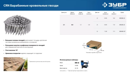 ЗУБР CRN 22 х 3.1 мм, барабанные гвозди кровельные оцинкованные, 9000 шт (305385-22) купить в Когалыме