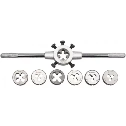 Набор ЗУБР "МАСТЕР" с металлорежущим инструментом, плашки М3-М12, плашкодержатель, - на карточке, 8 предметов 28128-H8