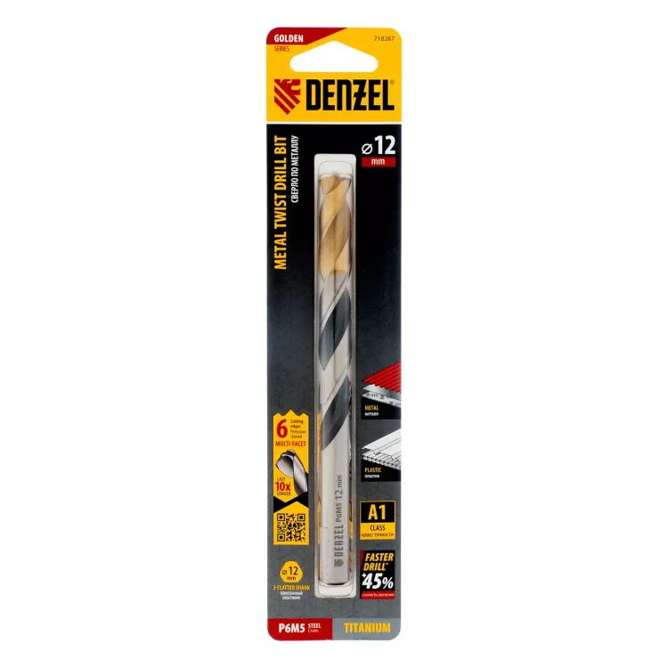 Сверло спиральное по металлу Denzel 12 x 151мм, Р6М5, Golden Tip, многогранная заточка, 718287 купить в Когалыме