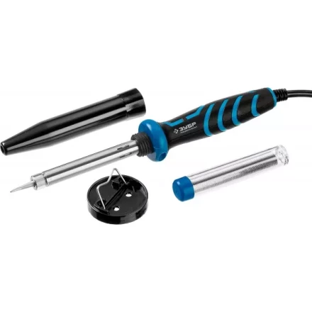 Паяльник ЗУБР "ПРОФЕССИОНАЛ" с двухкомпонентной рукояткой и защитным колпачком в наборе с припоем и подставкой, 40Вт, конус 55402-40_z01 купить в Когалыме