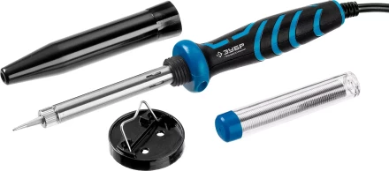 Паяльник ЗУБР "ПРОФЕССИОНАЛ" с двухкомпонентной рукояткой и защитным колпачком в наборе с припоем и подставкой, 40Вт, конус 55402-40_z01 купить в Когалыме