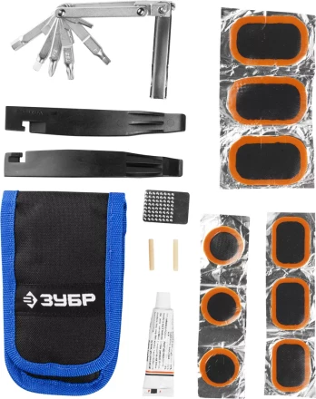 Набор ЗУБР "ЭКСПЕРТ для обслуживания велосипеда: складной мультитул 11-в-1,комплект для ремонта шин,16-в-1,в чехле 27428-H16 купить в Когалыме