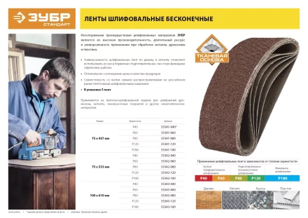 ЗУБР 75х457 мм, P40, лента шлифовальная СТАНДАРТ, для ЛШМ, 5 шт. (35342-040) купить в Когалыме
