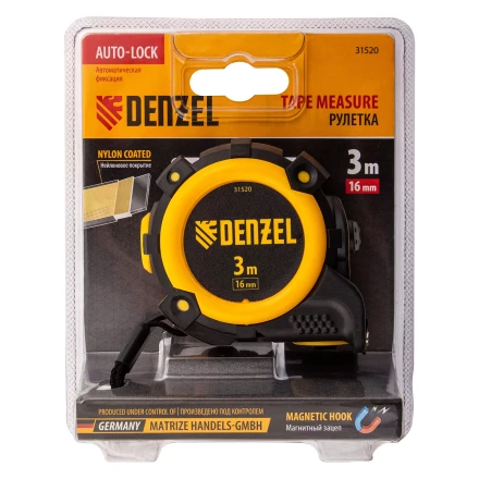Рулетка Denzel 3м х 16мм, автоматич. фиксац., нейлон. покрытие, магнит. зацеп, двухстор. разметка, 31520 купить в Когалыме