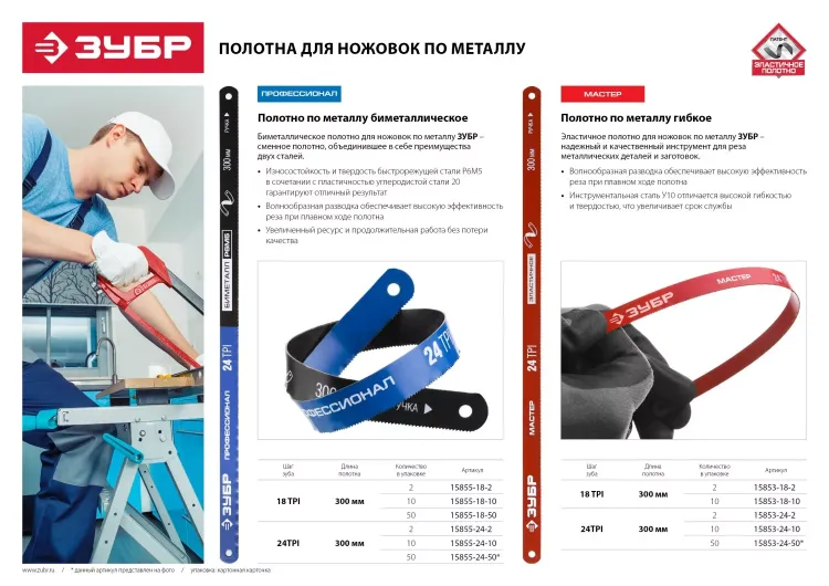 Полотно ЗУБР "МАСТЕР" по металлу 24 TPI  (шаг 1.0мм), Универсальное, 10шт 15853-24-10 купить в Когалыме