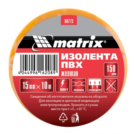 Изолента ПВХ 15 мм х 10 м желтая 150 мкм Matrix 88773 купить в Когалыме