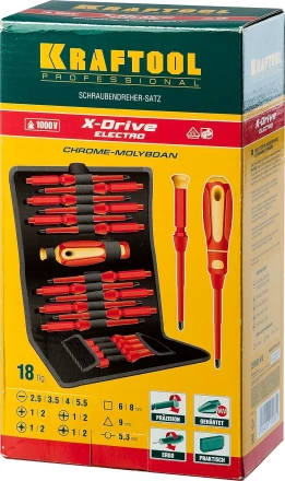 Набор &quot;Х-Drive ELECTRO&quot;: Высоковольтные отвертки, сменные стержни, ключи специальные, до 1000В, 18 предм, KRAFTOOL 220092-H18 купить в Когалыме