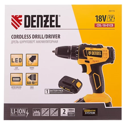 Дрель-шуруповерт аккумуляторная Denzel 26115, CDL-18-01CB, Li-Ion, 18 В, 1 аккумулятор купить в Когалыме