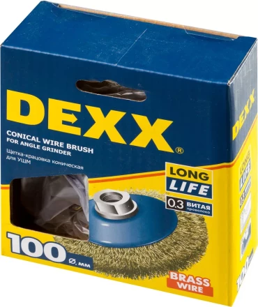 DEXX. Щетка коническая для УШМ, витая стальная латунированная проволока 0,3мм, 100ммхМ14 35105-100 купить в Когалыме