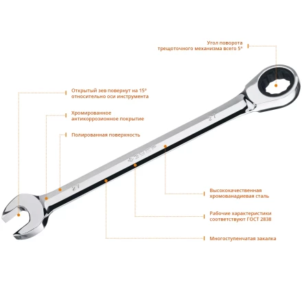 ЗУБР 27 мм, комбинированный трещоточный гаечный ключ, Профессионал (27074-27) купить в Когалыме