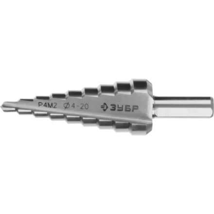 Сверло ЗУБР "МАСТЕР" ступенчатое по сталям и цвет.мет., быстрорежущая сталь, d=4-20мм, 9ступ.d=4-20, L-75 мм,трехгран. хвост. 8мм 29665-4-20-9 купить в Когалыме