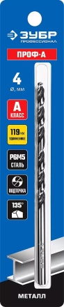 ЗУБР ПРОФ-А, 4.0 х 119 мм, сталь Р6М5, класс А, удлиненное сверло по металлу, Профессионал (29624-4) купить в Когалыме