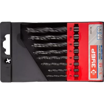 ЗУБР. Набор сверл спиральных по дереву с М-образной заточкой, сталь 65Г, 8шт: 3-4-5-6-7-8-9-10мм 29421-H8 купить в Когалыме