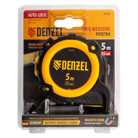 Рулетка Denzel 5м х 25мм, автоматич. фиксац., нейлон. покрытие, магнит. зацеп, двухстор. разметка 31522 купить в Когалыме