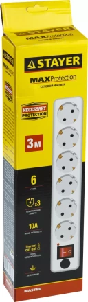 Сетевой фильтр STAYER "MASTER" электрический, 6 гнезд, заземление, макс. мощн. 2200 Вт, 3м 55067-3 купить в Когалыме