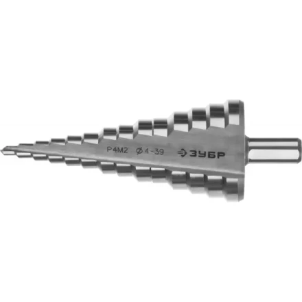 Сверло ЗУБР "МАСТЕР" ступенчатое по сталям и цвет.мет., быстрорежущая сталь, d=4-39мм,14ступ.d=4-39, L -113 мм, трехгран.хв. 10мм 29665-4-39-14 купить в Когалыме