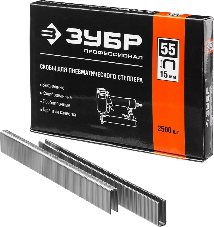 Скобы тип 55, 15 мм, особотвердые, ЗУБР "ПРОФЕССИОНАЛ" 31855-15, 2500 шт 31855-15 купить в Когалыме