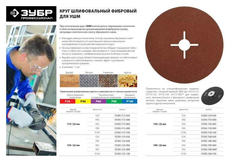 Круг шлифовальный ЗУБР "ПРОФИ" фибровый, для УШМ, P40, 180х22мм, 5 листов 35585-180-040 купить в Когалыме