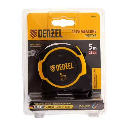 Рулетка Denzel 5м х 25мм, двухкомп. корпус, магнитный обрезиненный зацеп, 31532 купить в Когалыме