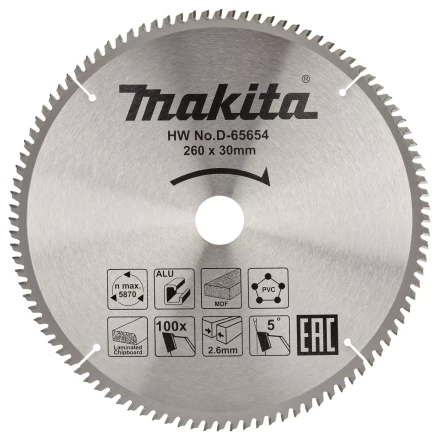 Диск пильный универсальный для алюминия/дерева/пластика Makita D-65654, 260x30x1.8 мм; 100 зубьев купить в Когалыме