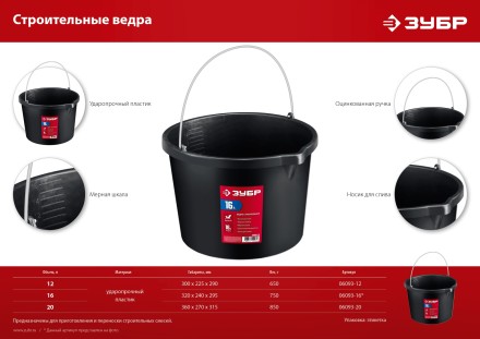 ЗУБР 16 л, ударопрочный пластик, с носиком, строительное ведро (06093-16) купить в Когалыме